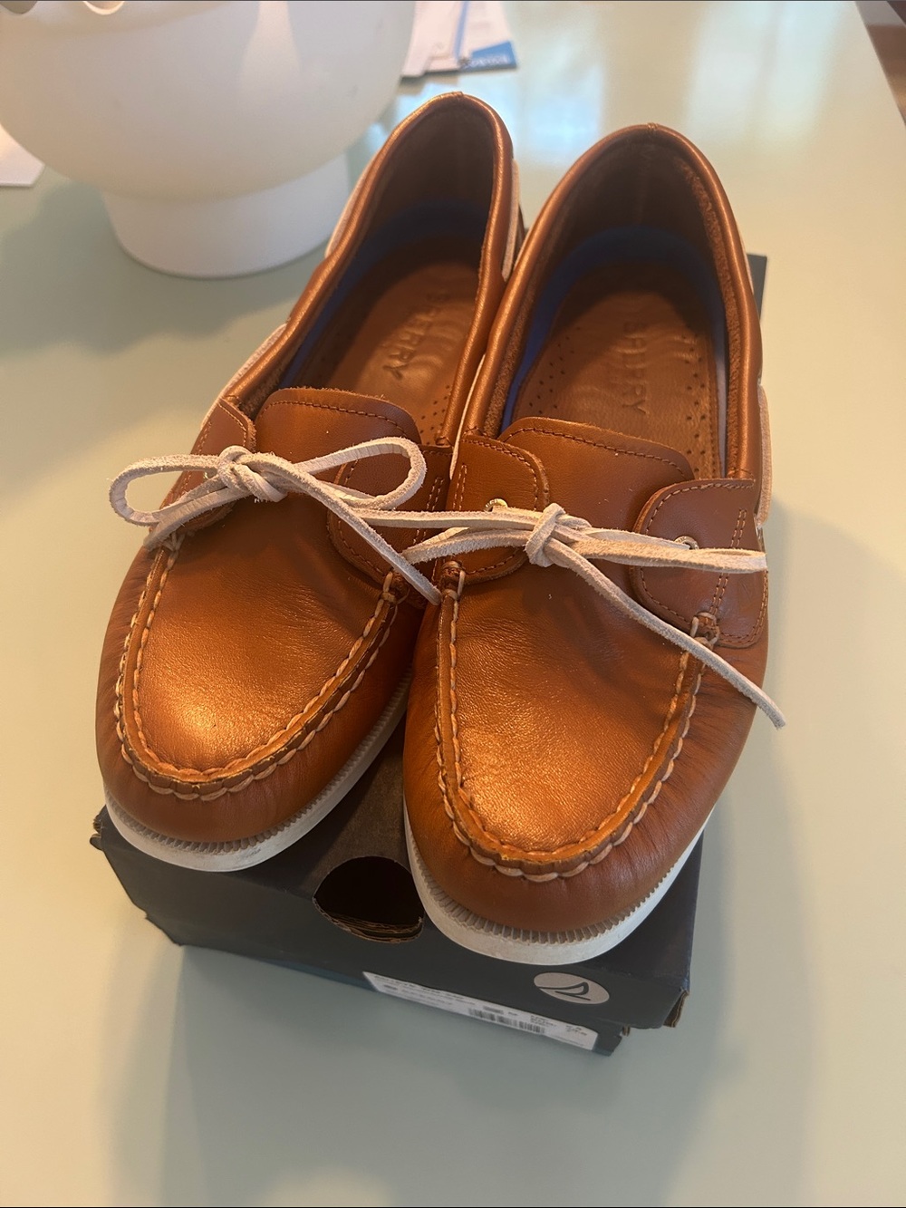 Sperry Women’s Brown Leather Boat Shoes with White Laces
